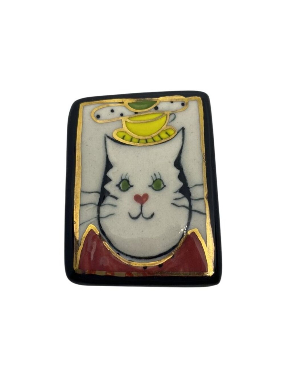 Handmade Ceramic Cat Brooch With Gold Trim & Tea Cup Hat - Whimsical Design 1.5"
